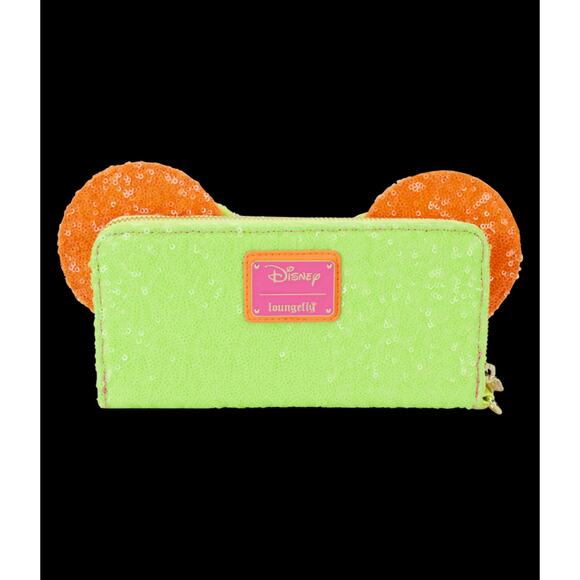 NWT Disney Minnie Mouse Color Block Neon Sequin Zip Around Wristlet Wallet - Picture 3 of 4